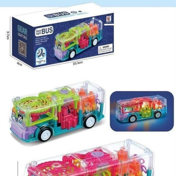 Transparent Gear Bus Toy with Lights & Music – 360° Rotating Electric Bus for Kids