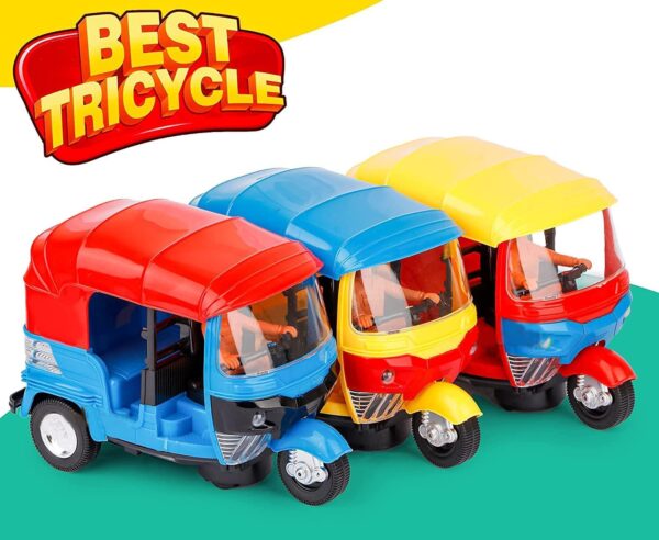 Auto Rickshaw Toy with Music & LED Lights – Battery Operated Tricycle Toy for Kids