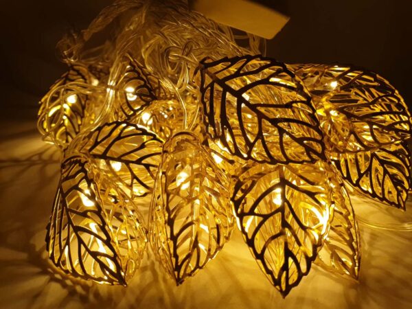 Golden 3D Leaf Metal Fairy String Lights – Elegant LED Decorative Lights for Bedroom, Wedding, Party & Home Decor